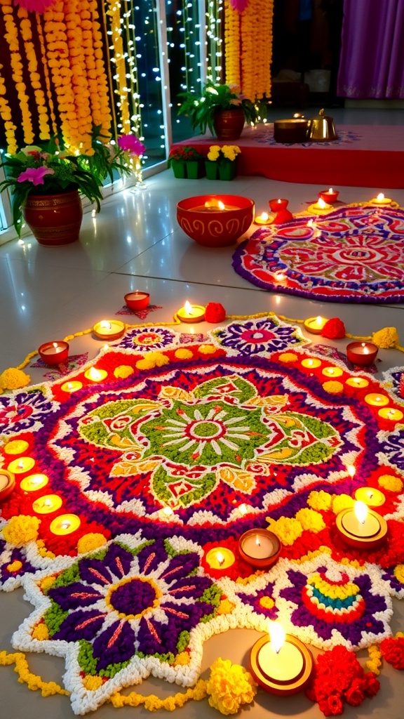 Colorful rice rangoli for Diwali with floral and geometric patterns, decorated with marigold flowers and diyas.